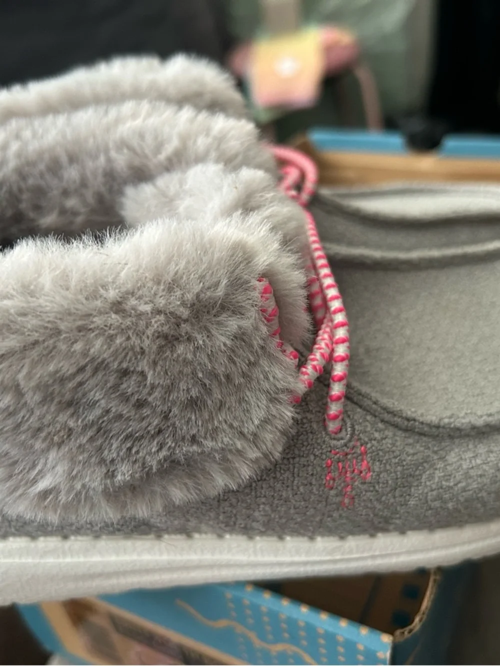 Hey Dude Kids Moccasins in Gray and White with Faux Fur Trim